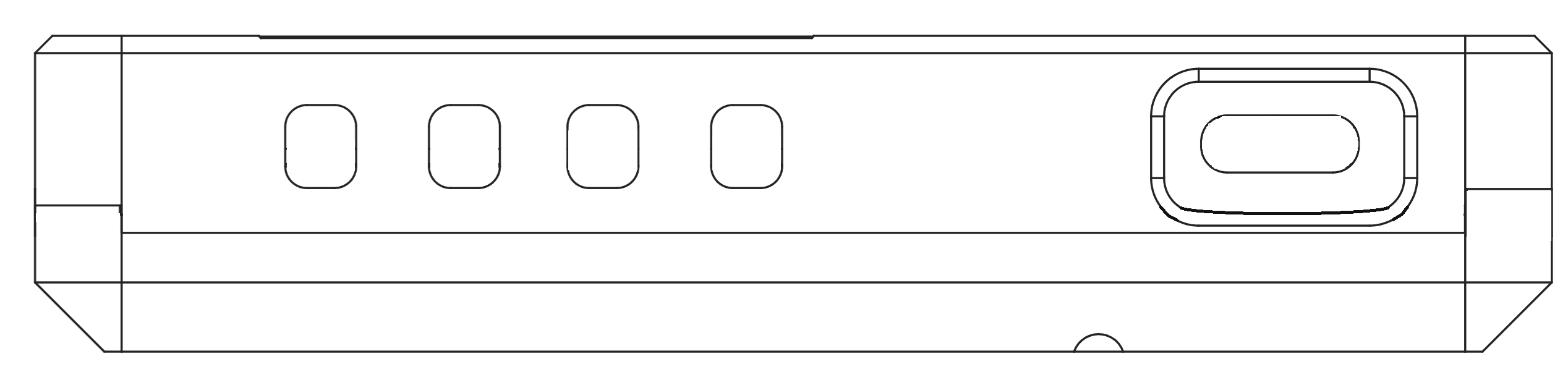 Side view of the Shining Guard showing four buttons, the USB-C port and the charge indicator